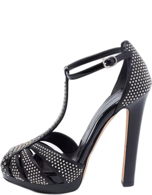 Alexander McQueen Black Studded Leather Peep-Toe T-Bar Platform Sandal