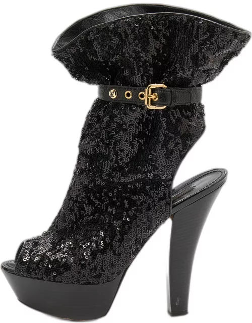 Louis Vuitton Black Sequins and Leather Mid Calf Platform Boot