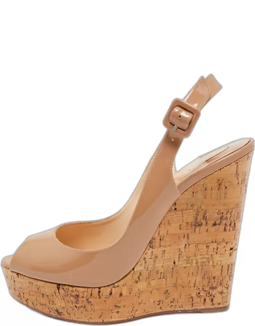 Christian Louboutin Beige Patent Leather Peep Toe Ankle Strap Wedge Sandal