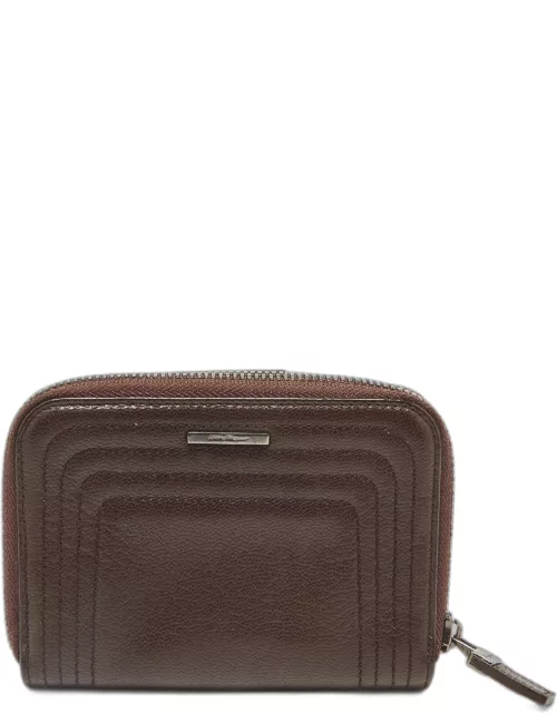 Salvatore Ferragamo Dark Brown Leather Zip Around Compact Wallet