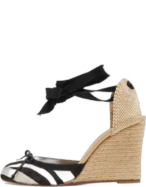 Christian Louboutin Tricolor Calf Hair and Woven Fabric Espadrille Wedge Pump