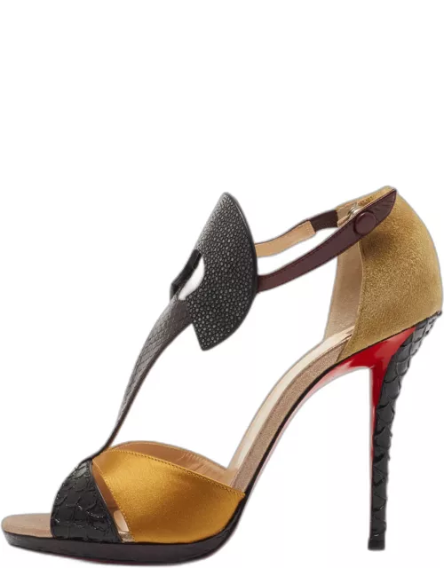 Christian Louboutin Black/Yellow Python Embossed Leather Suede and Satin Aztec Sandal