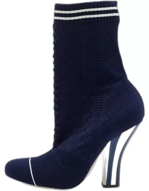 Fendi Navy Blue Knit Fabric Rockoko Mid Calf Boot