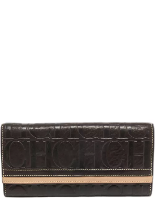 CH Carolina Herrera Brown/Beige Monogram Embossed Leather Continental Wallet