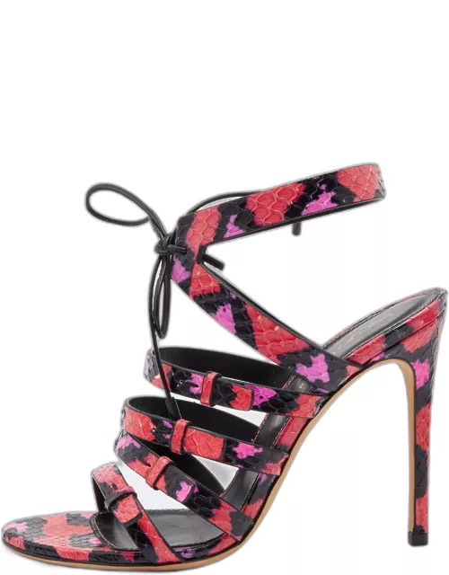 Sergio Rossi Pink/Black Python Leather Ankle Tie Up Strappy Sandal