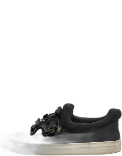Tory Burch Black Neoprene and Leather Blossom Applique Slip On Sneaker