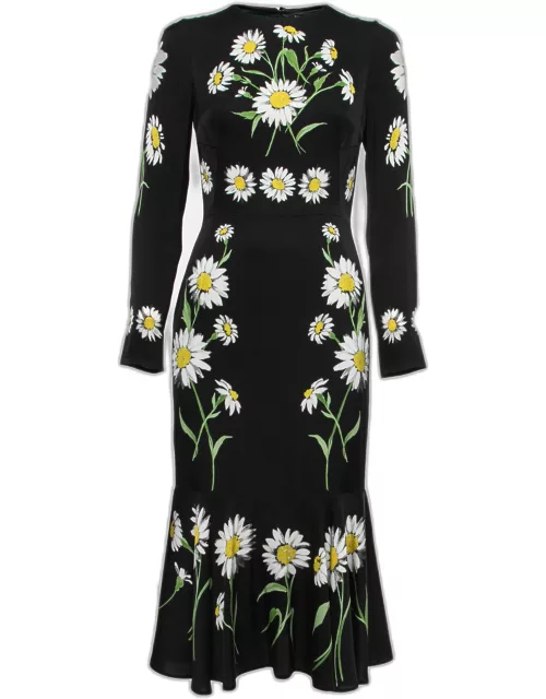 Dolce & Gabbana Black Floral Printed Silk Long Sleeve Dress