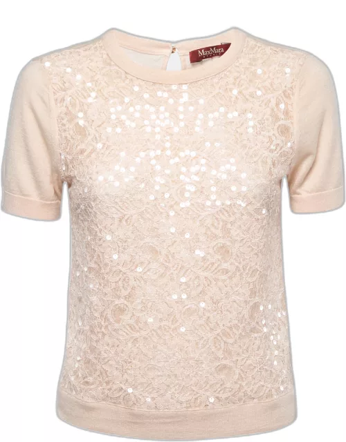 Max Mara Studio Pale Pink Lace Sequined Paneled Top