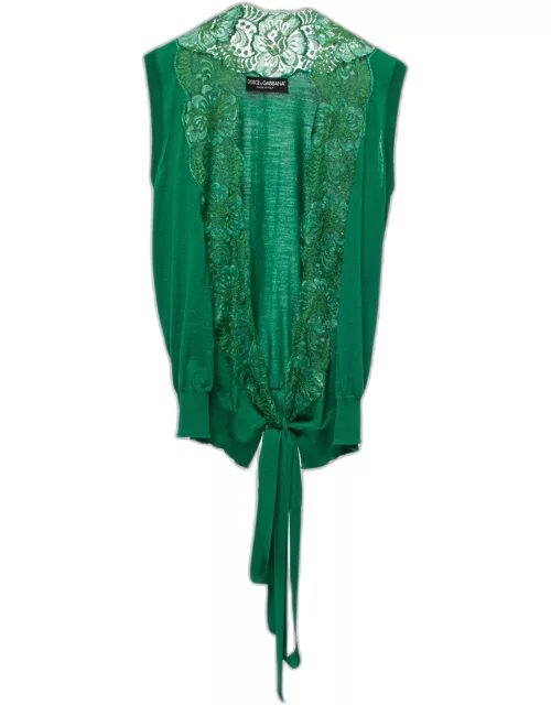 Dolce & Gabbana Green Wool & Lace Trimmed Sleeveless Wrap Top