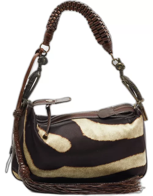 Gianfranco Ferre Brown Zebra Print Satin and Leather Tribe Handle Shoulder Bag
