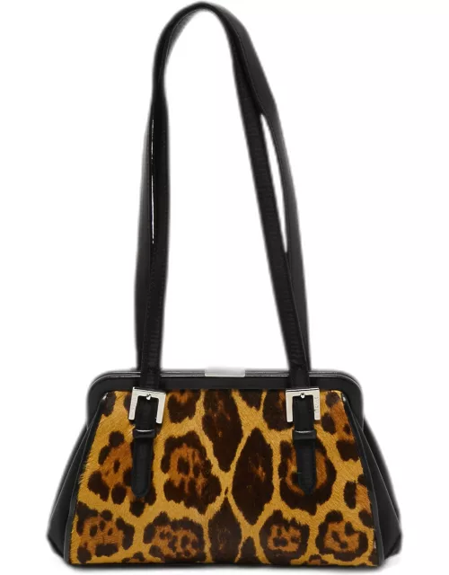 Gianfranco Ferre Black/Beige Leopard Print Calfhair Satin and Leather Nylon Frame Baguette Bag