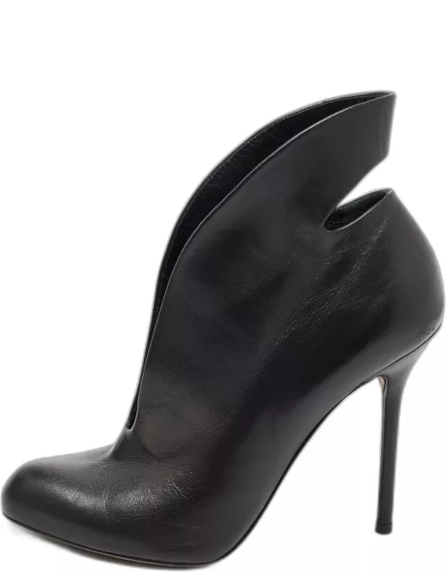 Sergio Rossi Black Leather V-Neck Cut Out Ankle Bootie