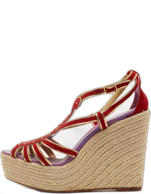Hermes Red/Gold Suede and Leather Espadrille Wedge Sandal