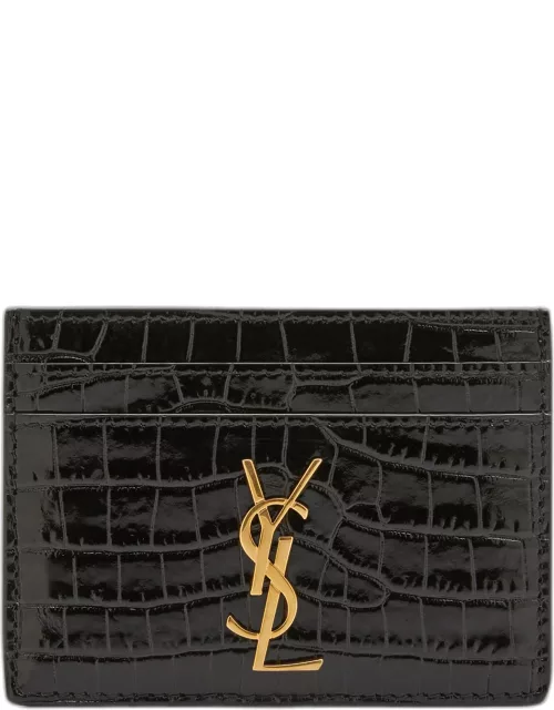 YSL Monogram Card Case in Croc-Embossed Leather