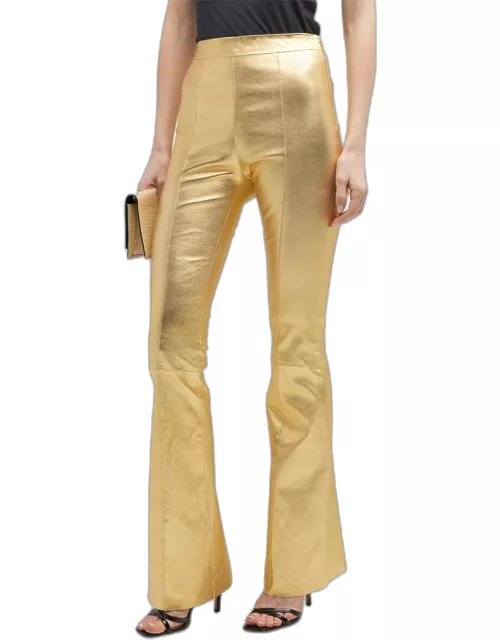 Metallic Golden Leather Flared-Leg Pant