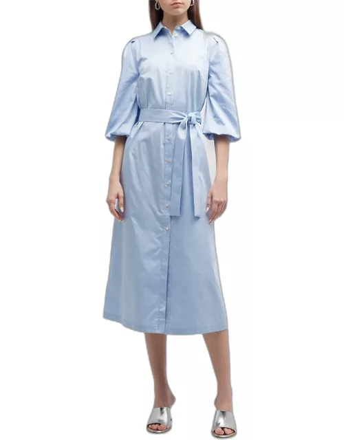 Puff-Sleeve Belted Midi Shirtdres