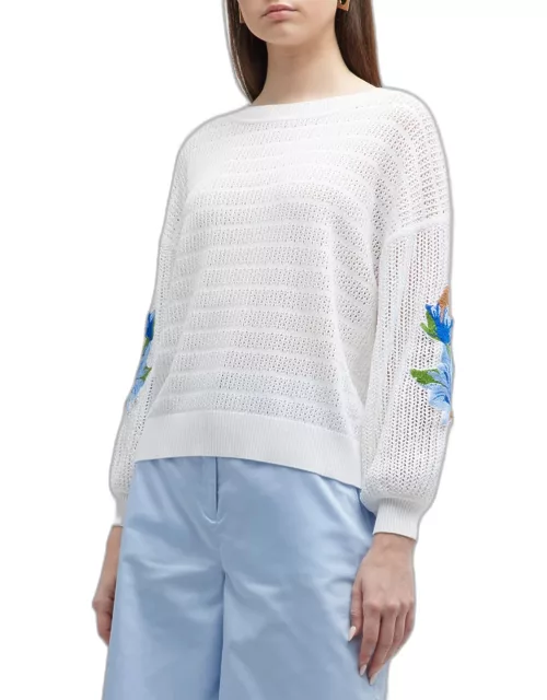 Embroidered Pointelle Knit Sweater