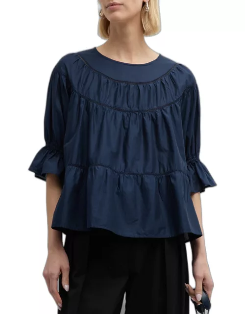 Sol Tiered Lace-Inset Blouson-Sleeve Top