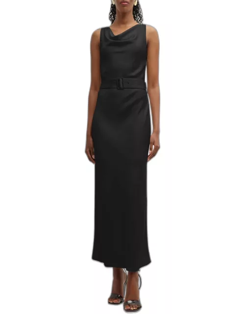 Cowl-Neck Textured Satin Bias Belted Maxi Dres
