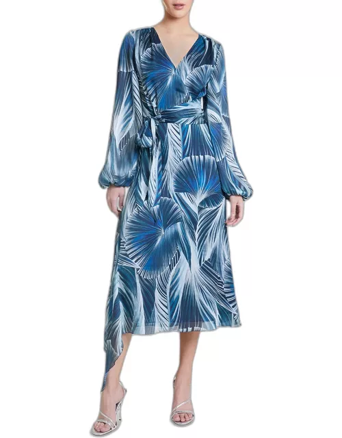 Vanna Abstract-Print Blouson-Sleeve Midi Dres