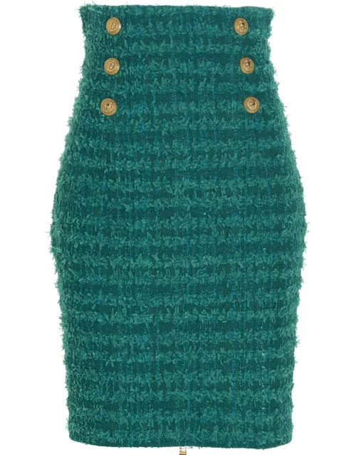 Balmain Logo Button Tweed Skirt
