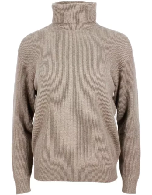 Brunello Cucinelli High Neck Sweater In Soft And Pure Cashmere Half English Rib With Monili Detail On The Neck In The Back