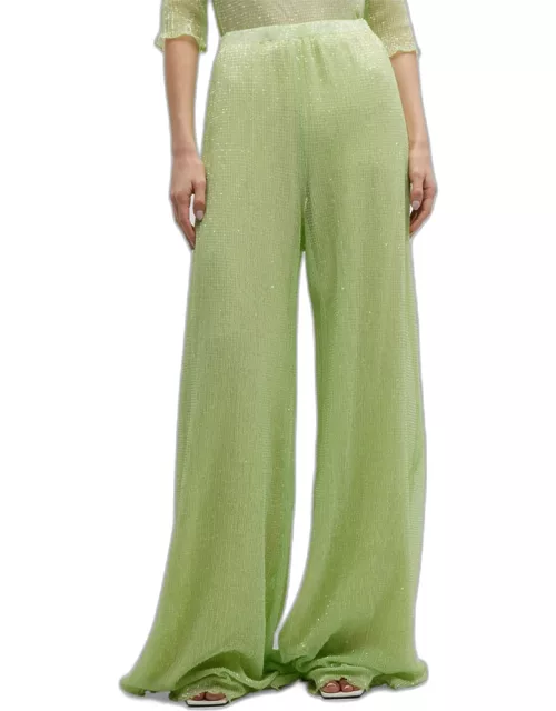 Wide-Leg Pleated Sequin Mesh Pant