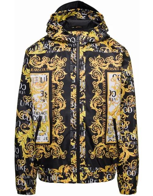 Versace Jeans Couture Multicolor Hooded Jacket With All-over Baroque Logo Print In Nylon Man