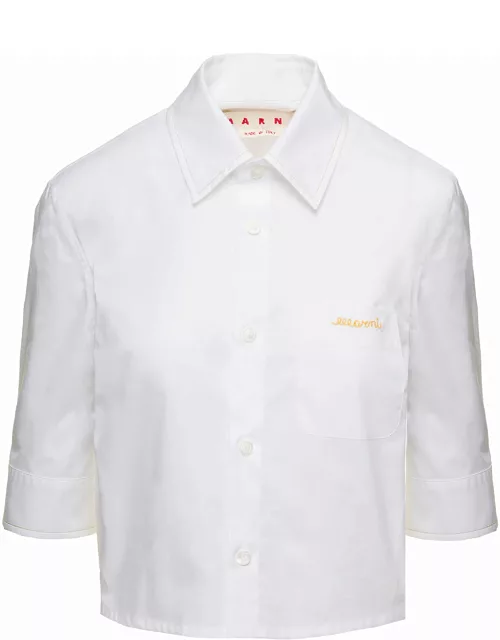Marni White Cropped Shirt With Contrasting Embroidered Logoin Cotton Woman