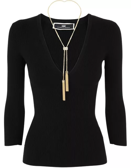 Elisabetta Franchi Ribbed V-neck Shirt With Chain
