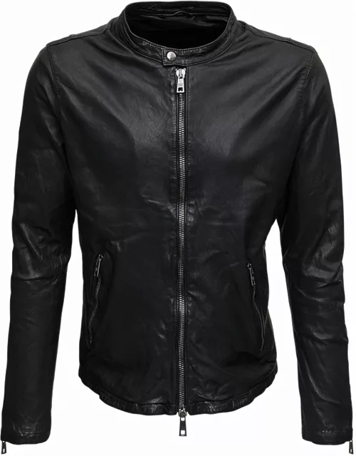 Giorgio Brato Black Leather Crew Neck Jacket
