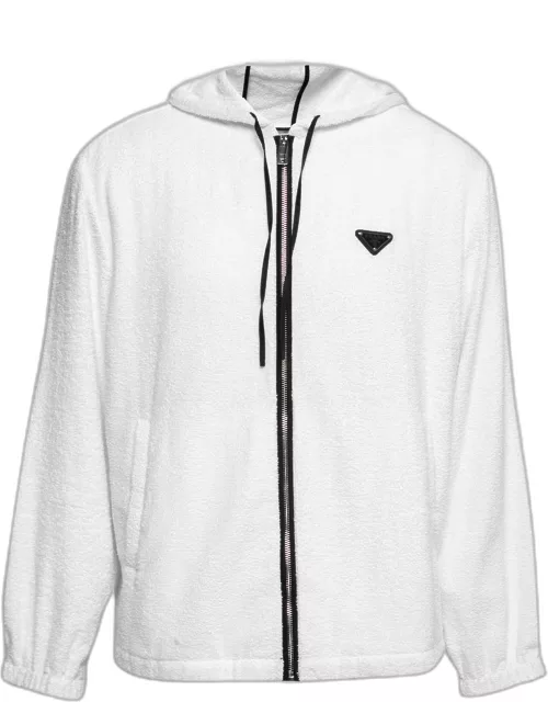 Prada White Terry Cloth Enameled Metal Logo Hoodie Jacket