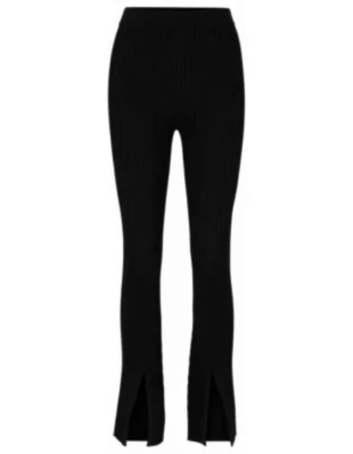 Ribbed-crepe regular-fit trousers with slit hems- Black Women's Clothing