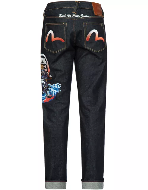 Samurai Print and Seagull Embroidery Slim-Fit Jeans #2010