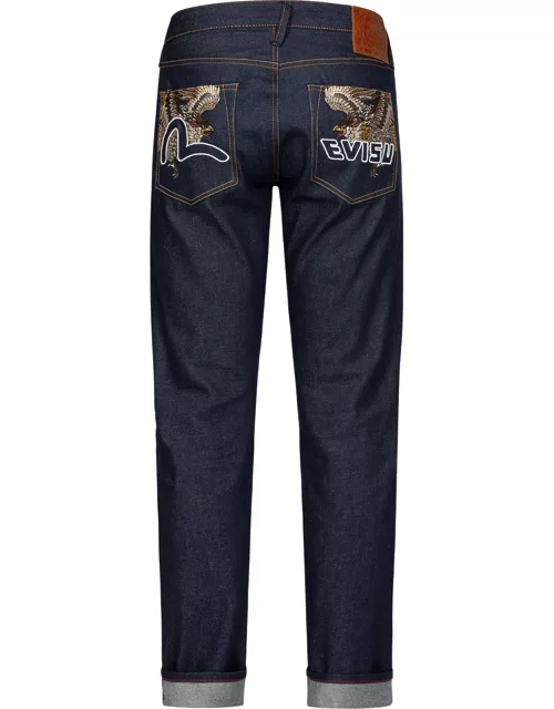 Brocade Kamon and Seagull Embroidery Slim-Fit Jeans #2010