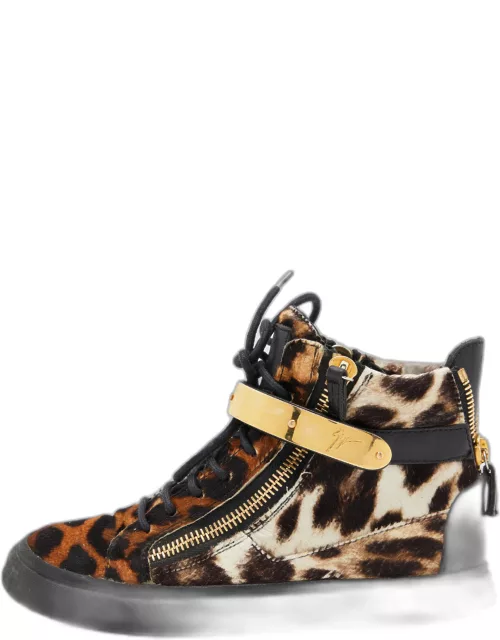 Giuseppe Zanotti Brown/Black Leopard Print Calfhair Lace Up High Top Sneakers