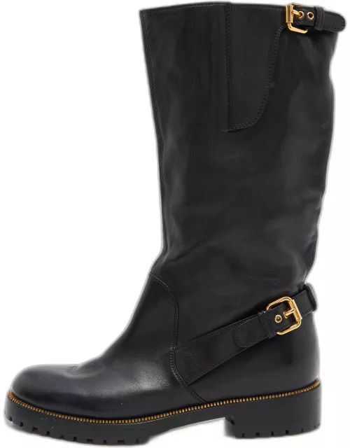 Sergio Rossi Black Leather Buckle Ankle Length Boot