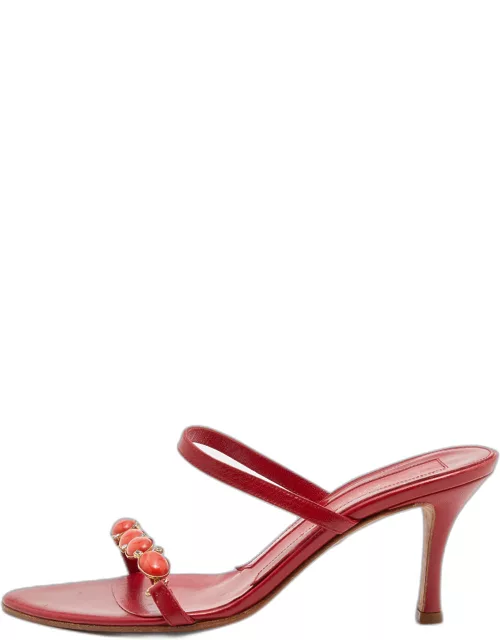 Sergio Rossi Red Leather Crystal Embellished Slide Sandal