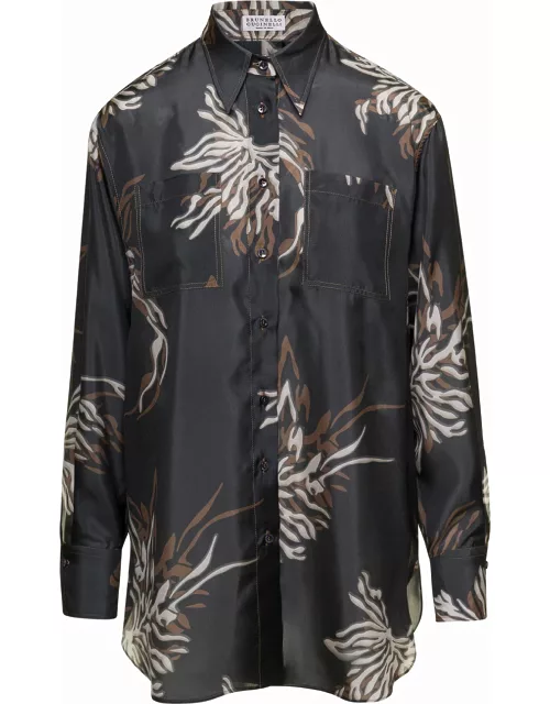 Brunello Cucinelli Grey Shirt With All-over Print In Silk Woman