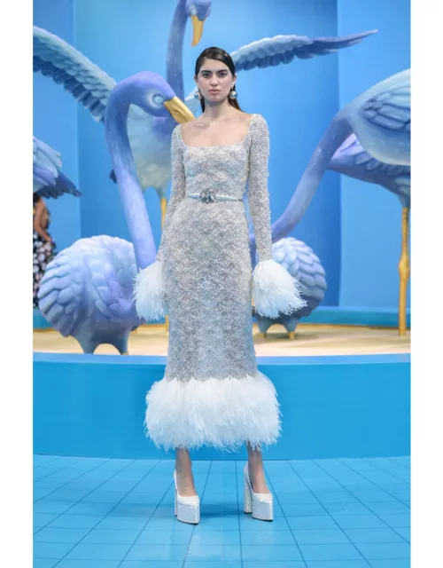 Georges Hobeika Beaded Lace Dress with Feather