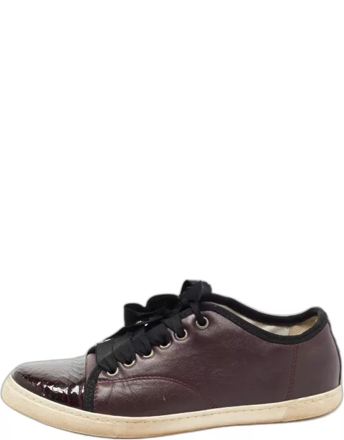 Lanvin Burgundy Leather and Embossed Python Cap Toe Low Top Sneaker