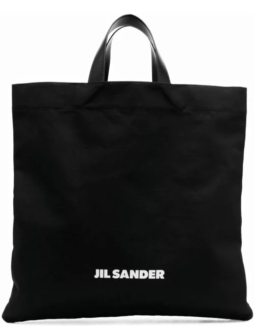 Jil Sander Black Tote Bag With Logo Print In Canvas Man