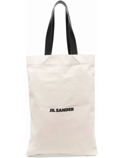 Jil Sander White Tote Bag With Logo Print In Canvas Woman