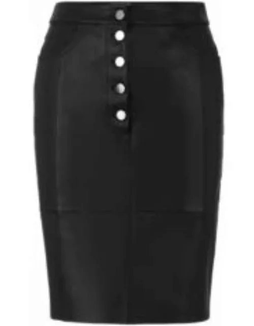 Lamb-leather pencil skirt bonded with denim- Black Women's Skirt