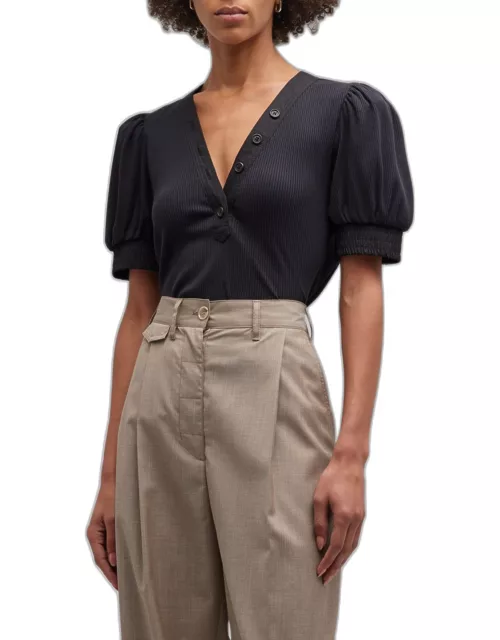 Heather V-Neck Puff-Sleeve Top