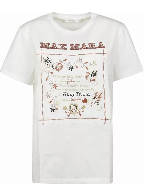 Max Mara Crew Neck T-shirt With Embroidered Design And Logo In Cotton