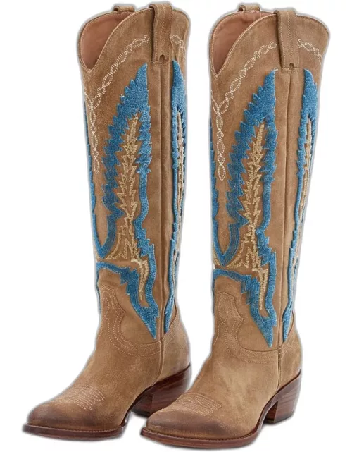 Damy Hervè Pointed Toe Suede Cowboy Boots Beige