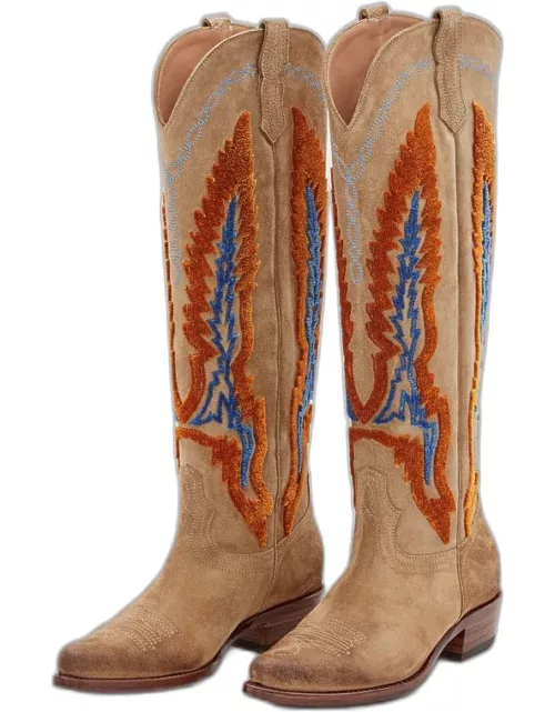 Damy Hervè Round Toe Suede Cowboy Boots Beige