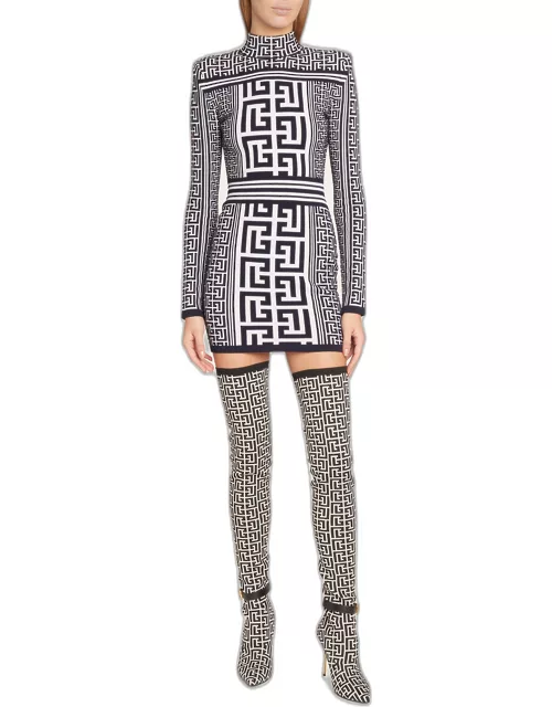 Dual Monogram Knit Mini Dress with Padded Shoulder