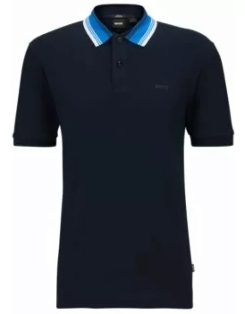 Cotton-piqu slim-fit polo shirt with striped collar- Dark Blue Men's Polo Shirt